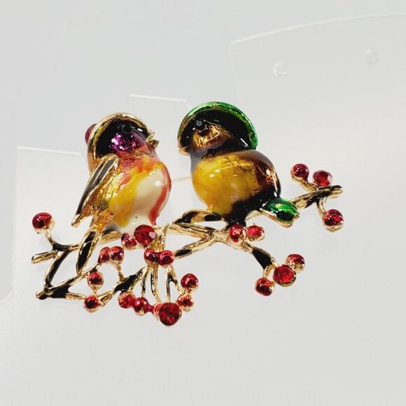 2 Birds Sitting on Branch Enamel Brooch (486) - Picture 2 of 3